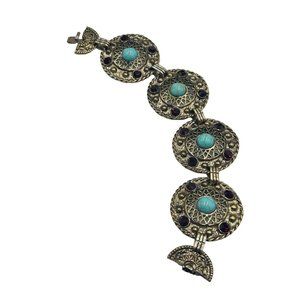 Vintage Wide Panel Bracelet Ornate Round Links Blue Cabochons Red Rhinestones